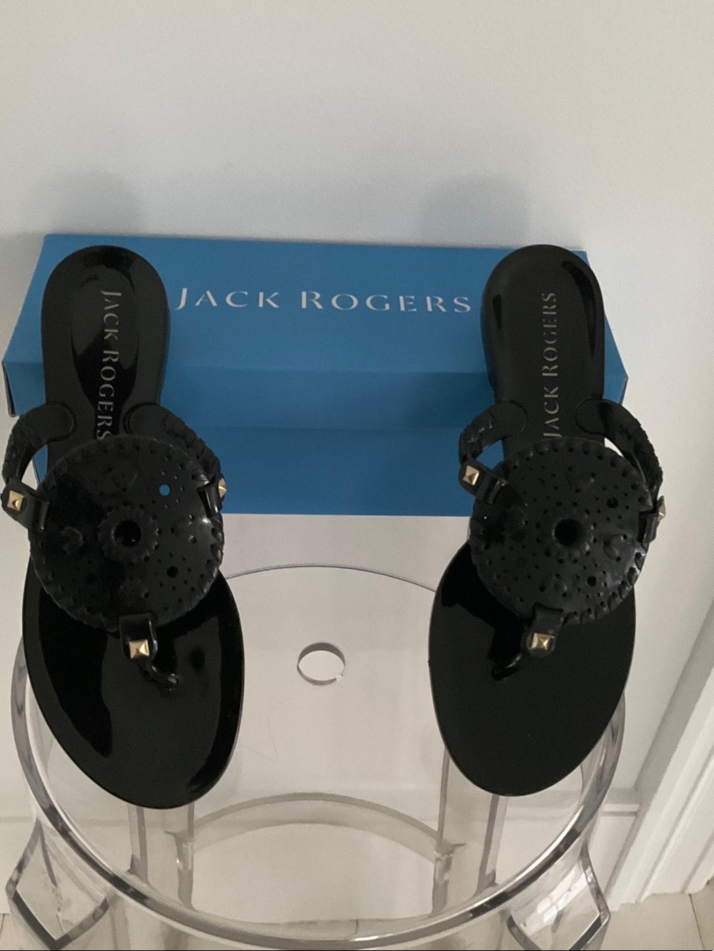 Jack Rogers Black Patent Medallion Sandals